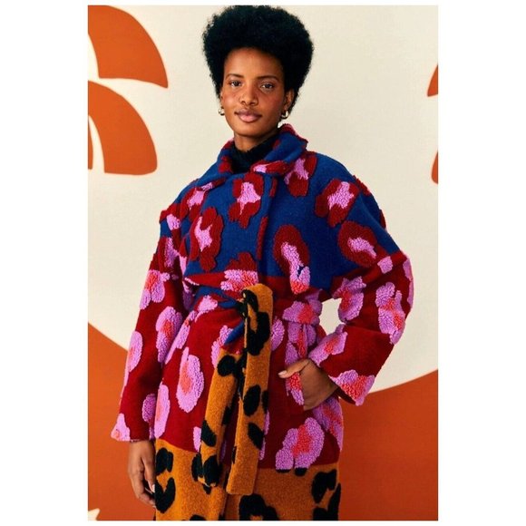 FARM Rio Coat L Mixed Leopards Fleece Coat Pink Multi Belted Cozy - Picture 1 of 15
